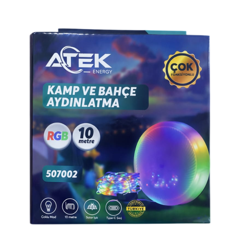 ATEK Güneş Enerjili El Feneri ve Kamp Lambası RGB – Şarjlı (IP65)