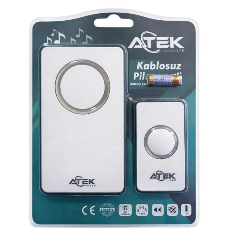 ATEK Kablosuz Su Geçirmez Kapı Zili Beyaz 12V