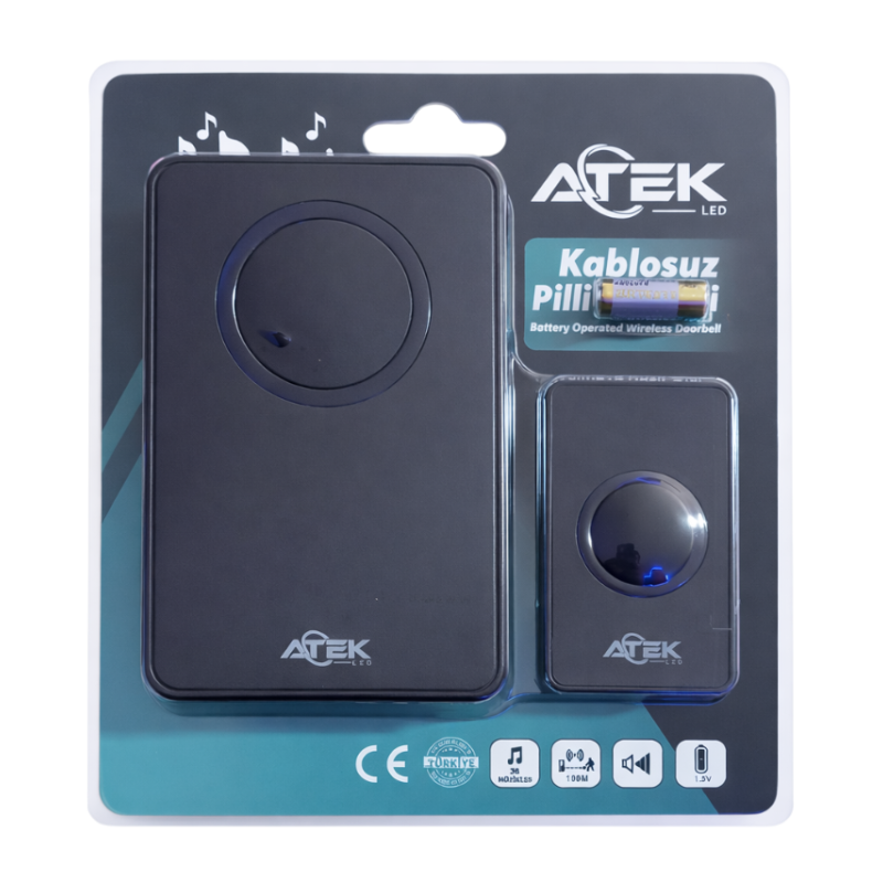 ATEK Kablosuz Pilli Kapı Zili Siyah (Wireless Doorbell)
