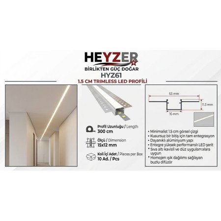 HYZ61 15x12 mm Trimless LED Profili | Sıva Altı Alüminyum Profil - HEYZER