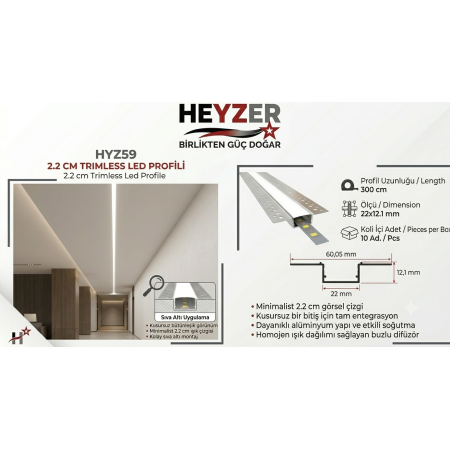 HYZ59 22x12 mm Trimless LED Profili | Sıva Altı - HEYZER