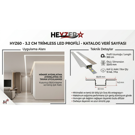 HYZ60 32x15 mm Trimless LED Profili | Sıva Altı - HEYZER