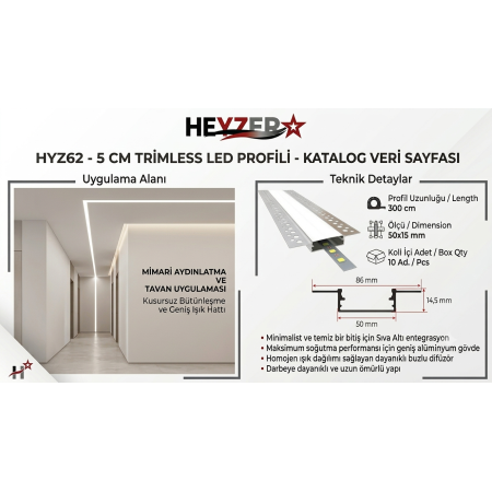 HYZ62 50x15 mm Trimless LED Profili | 5 CM Sıva Altı - HEYZER
