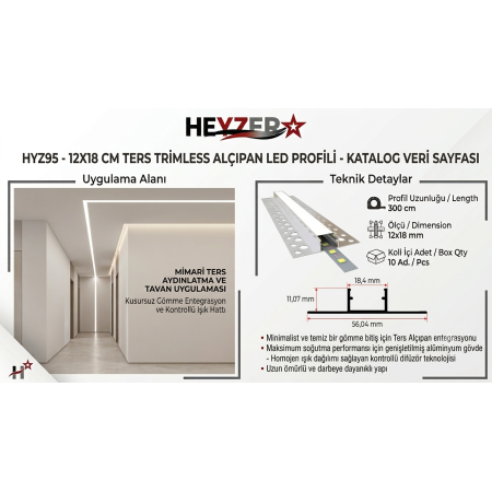 HYZ95 12x18 mm Ters Trimless Alçıpan LED Profili | HEYZER