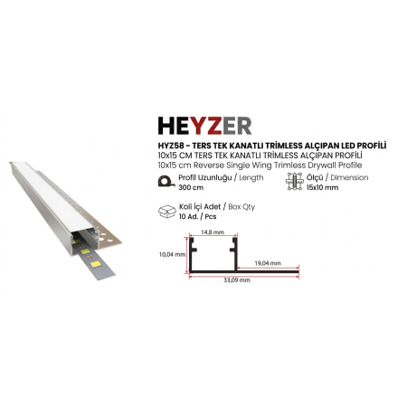 HYZ58 15x10 mm Ters Tek Kanatlı Trimless LED Profil | HEYZER