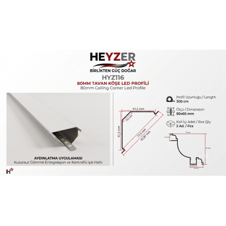 HYZ116 50x60 mm Tavan Köşe LED Profili | 80 mm - HEYZER