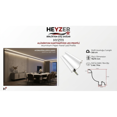 HYZ111 75x70 mm Alüminyum Kartonpiyer LED Profili | HEYZER